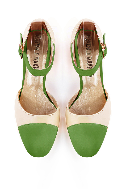 Grass green and champagne white women's open side shoes, with an instep strap. Round toe. Medium block heels. Top view - Florence KOOIJMAN